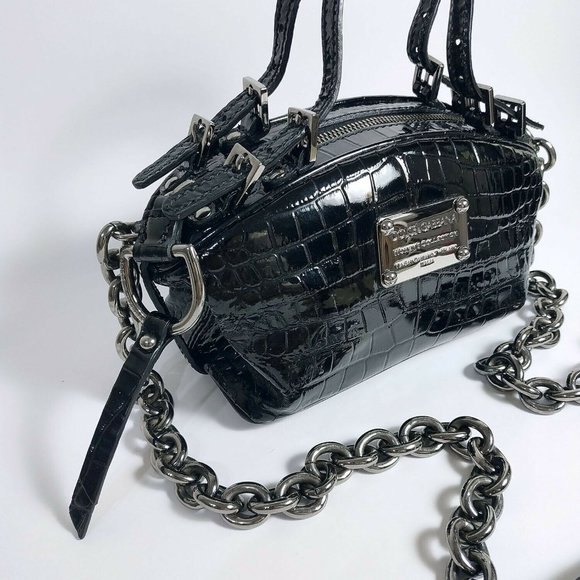 Dolce & Gabbana shoulder bag, croc effect patent black leather w/ chain - Picture 2 of 11